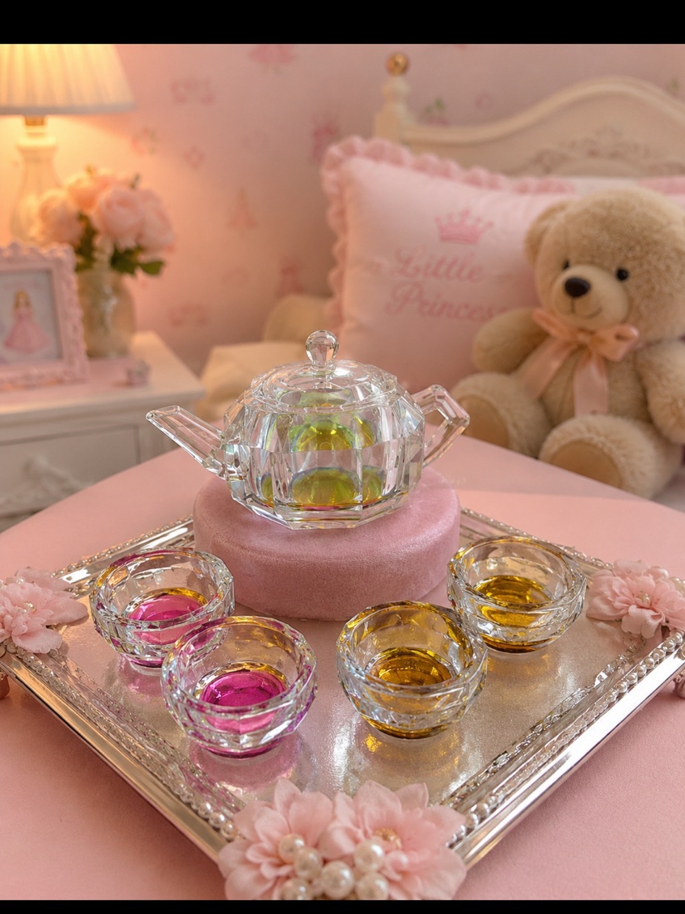 Elegant 4-Pc Crystal Octagon Glass Miniature Tea Set Iridescent Felt Heavy 6 pcs